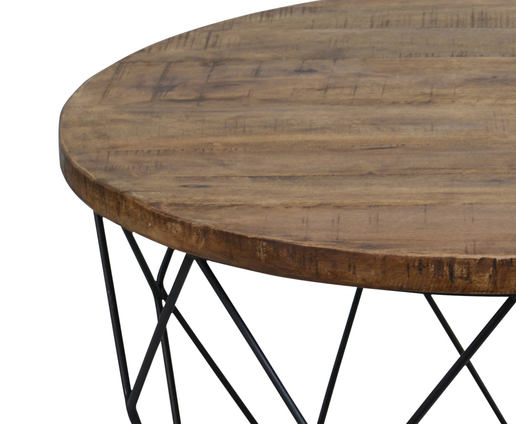 Round Wooden Coffee Table with Geometric Cutout Iron Base Black and Brown - PL11901 By Casagear Home CLH-PL11901