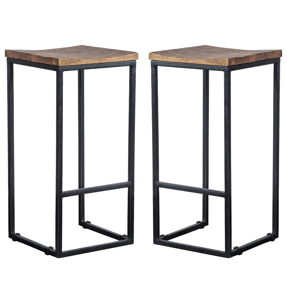 30 Inch Iron Frame Barstool with Mango Wood Saddle Seat Set of 2 Brown and Black By Casagear Home CLH-PL12903