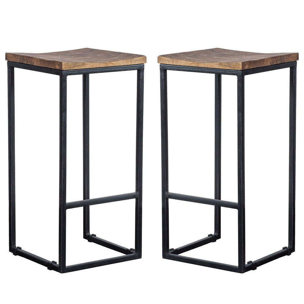 30 Inch Iron Frame Barstool with Mango Wood Saddle Seat Set of 2 Brown and Black By Casagear Home CLH-PL12903