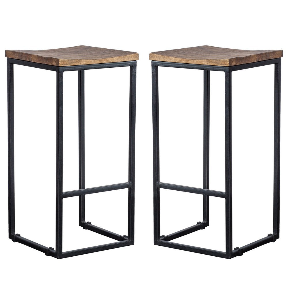 30 Inch Iron Frame Barstool with Mango Wood Saddle Seat Set of 2 Brown and Black By Casagear Home CLH-PL12903