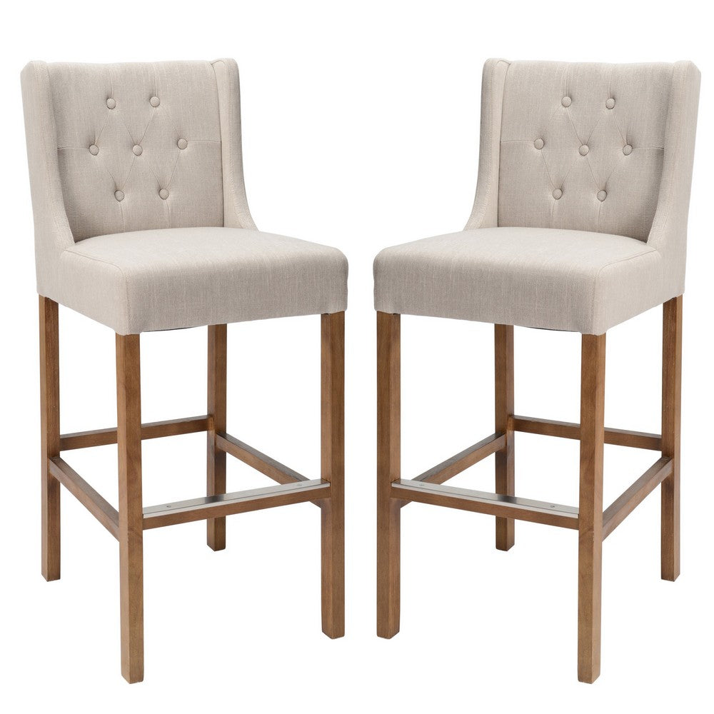 Wooden Barstool with Padded Seat, Button Tufted, Wing Back, By Casagear Home