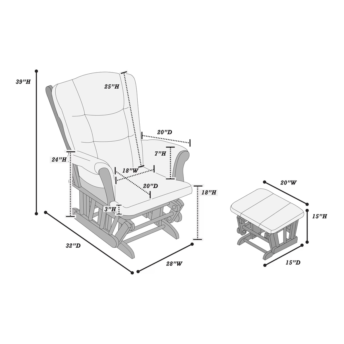Noni Glider Chair w Square Ottoman, White Wood, Gray Seat