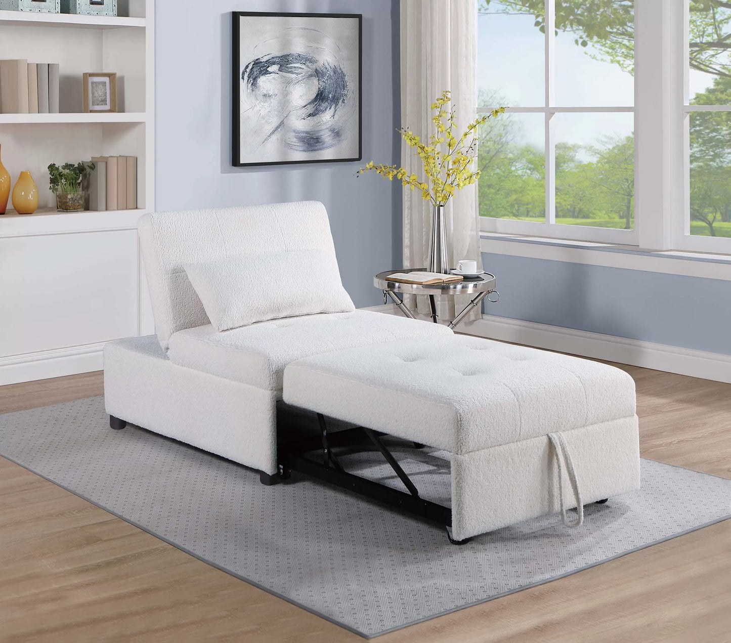 Jiya Convertible Sofa Chair to Single Bed, Soft White Fabric, 76"