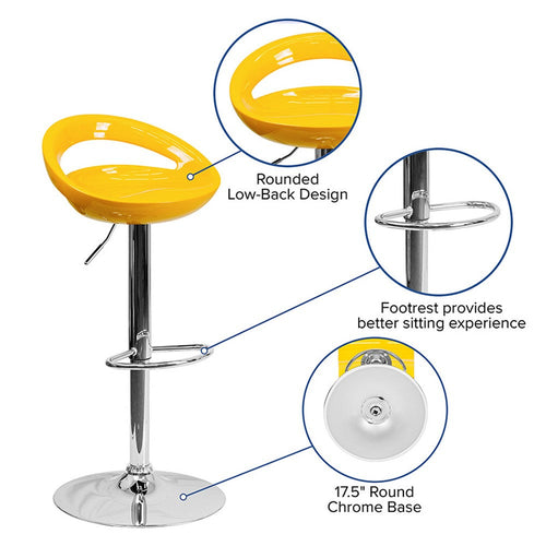 Contemporary Yellow Plastic Adjustable Height Barstool with Rounded Cutout Back and Chrome Base [CH-TC3-1062-YEL-GG] FLH-CH-TC3-1062-YEL-GG