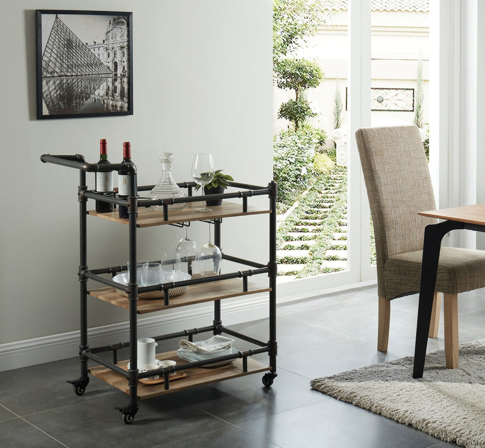 Rustic Three Tier Wood and Metal Serving Cart Black and Brown FOA-CM-AC246