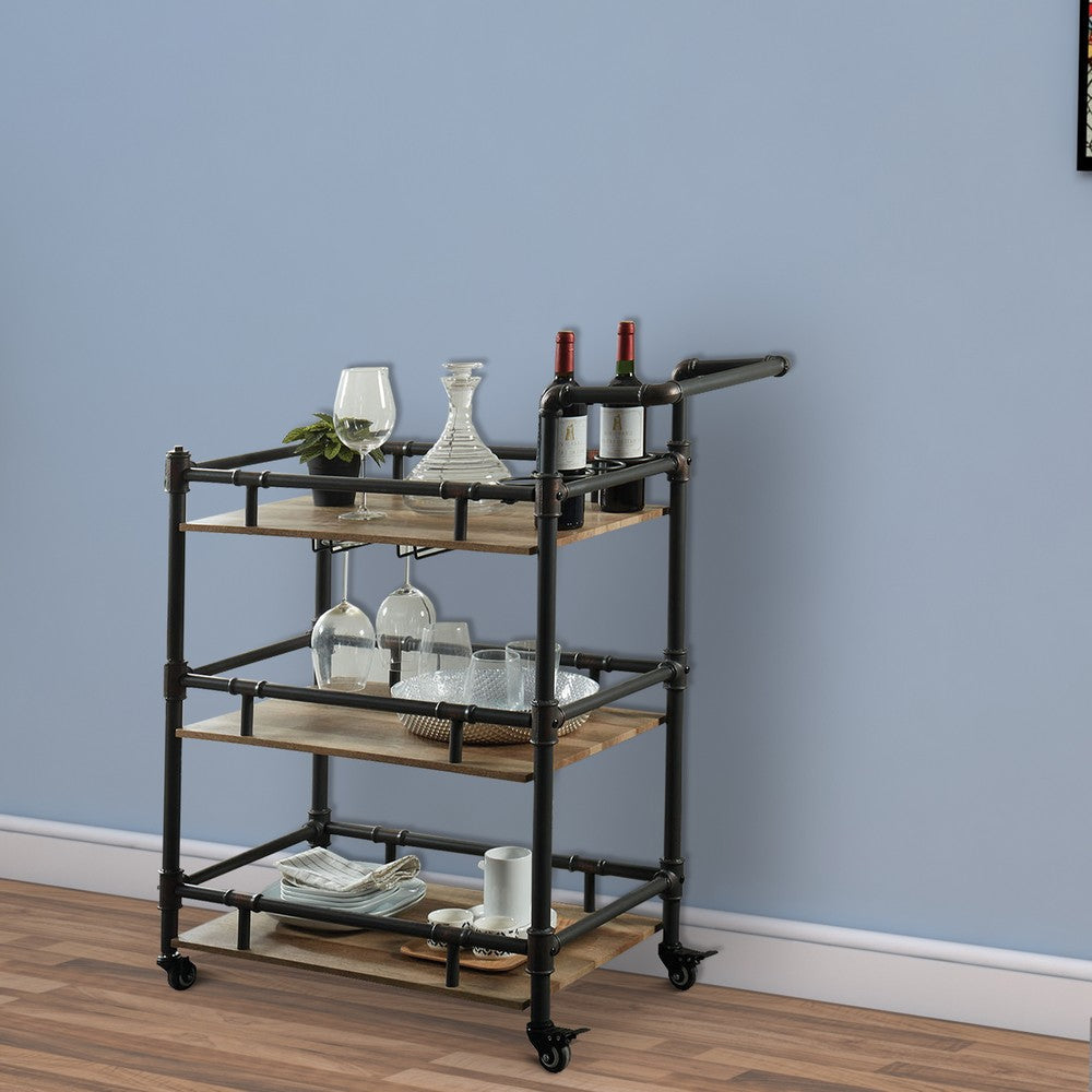 Rustic Three Tier Wood and Metal Serving Cart, Black and Brown