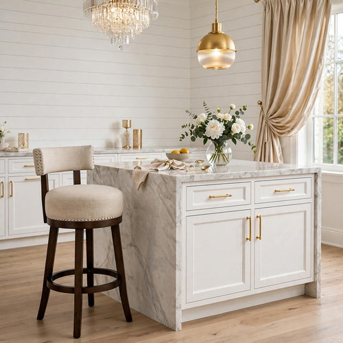Barstool Set of 2 | Lynsey 24" | Linen Cushion | Beige Finish