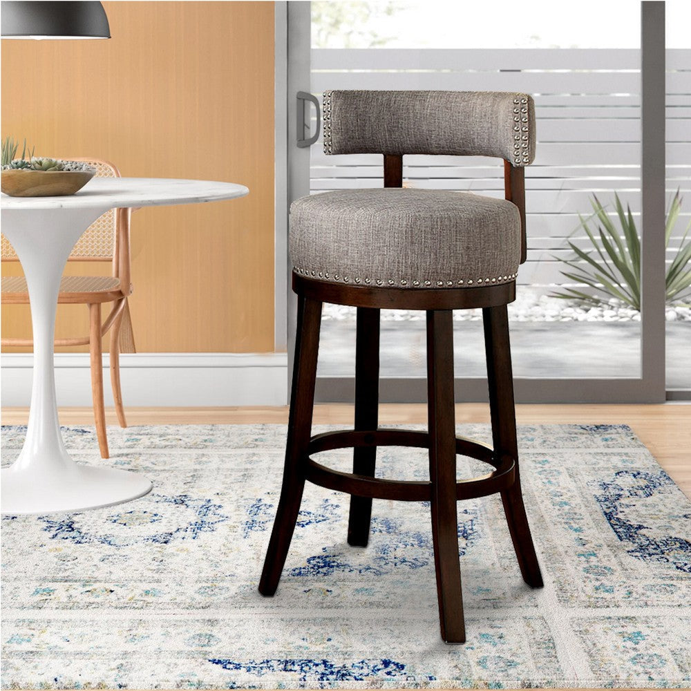 Swivel Barstool with Curved Open Low Back, Set of 2, Gray and Brown By Casagear Home