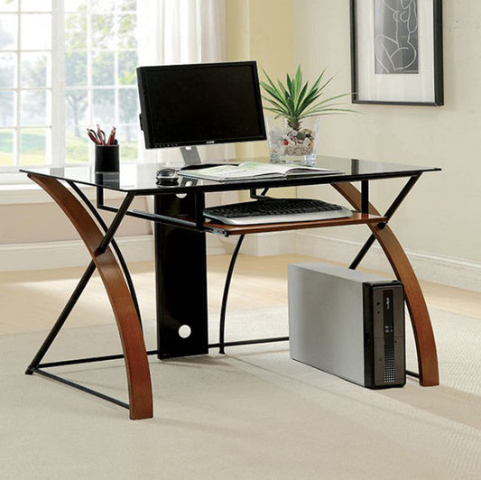 Glass Top Computer Desk with Z Shaped Metal Legs, Brown and Black By Casagear Home