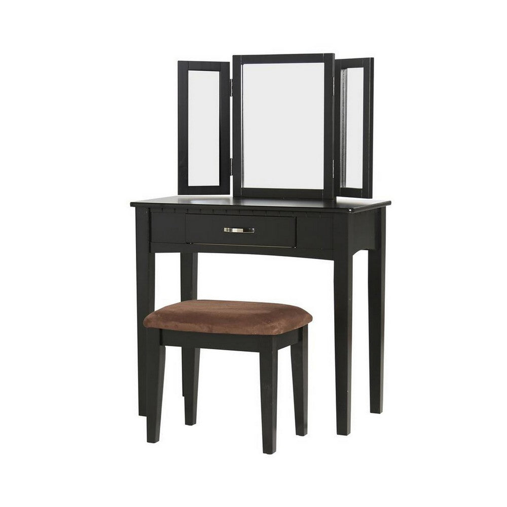 Wooden Vanity Set with 3 Sided Mirror and Padded Stool Black By Casagear Home FOA-CM-DK6490BK