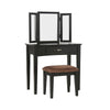 Wooden Vanity Set with 3 Sided Mirror and Padded Stool Black By Casagear Home FOA-CM-DK6490BK