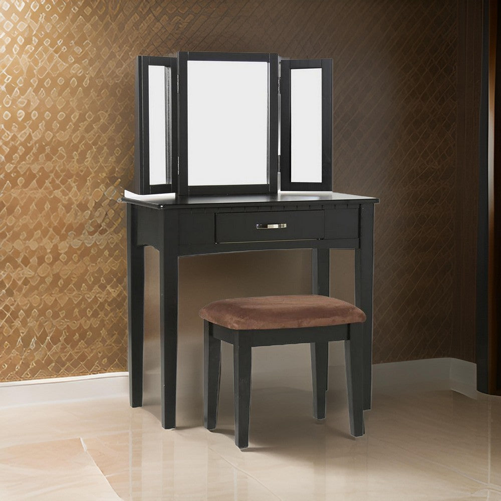 Wooden Vanity Set with 3 Sided Mirror and Padded Stool, Black By Casagear Home