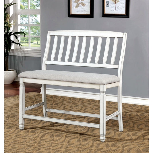 Fabric Padded Wood Counter Height Bench With Slat Back , Antique White By Casagear Home