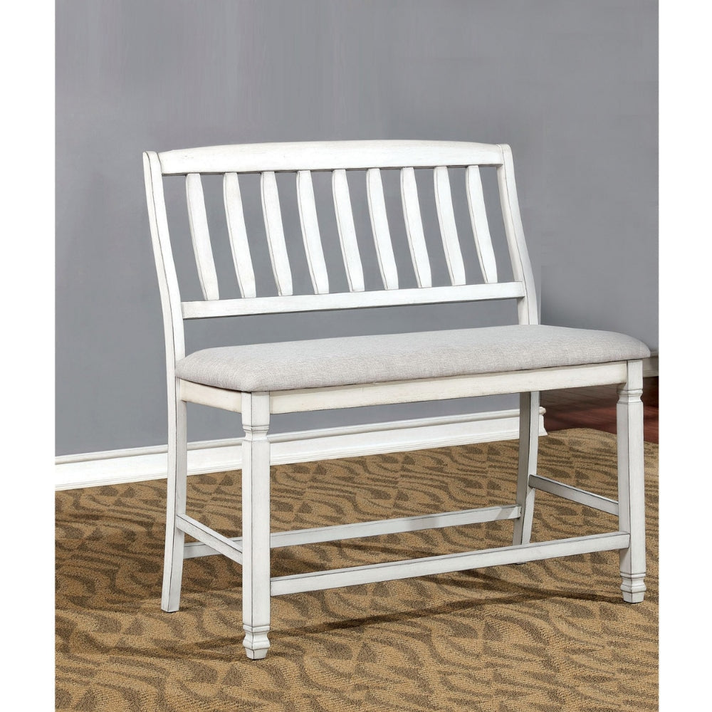 Fabric Padded Wood Counter Height Bench With Slat Back Antique White By Casagear Home FOA-CM3194PBN