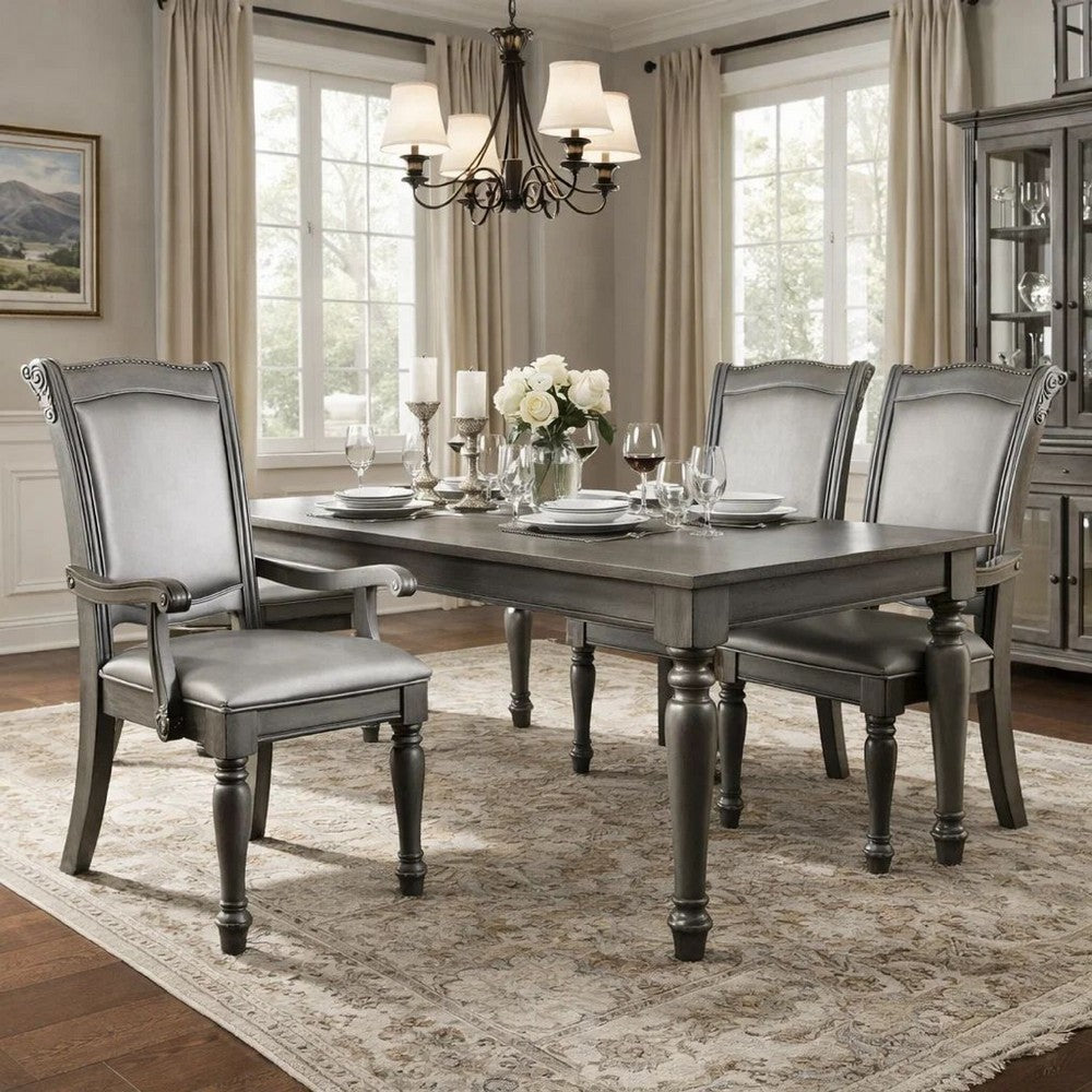 Armchair Set of 2 | Traditional Wood | Faux Leather | Gray