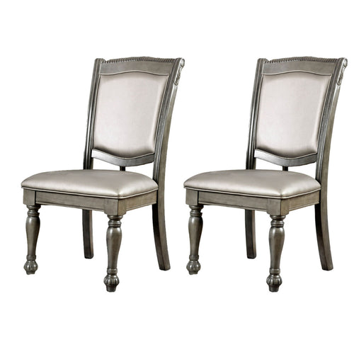 Side Chair Set of 2 | Faux Leather Wood Frame | Silver Gray