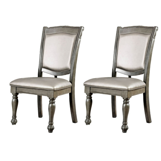 Side Chair Set of 2 | Faux Leather Wood Frame | Silver Gray