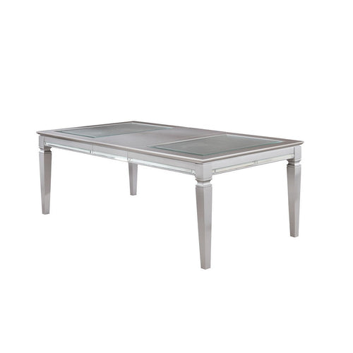 Wooden Dining Table With Beveled Mirror Insert, Silver and Clear