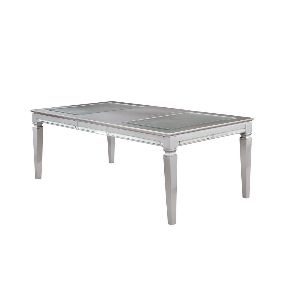 Wooden Dining Table With Beveled Mirror Insert, Silver and Clear