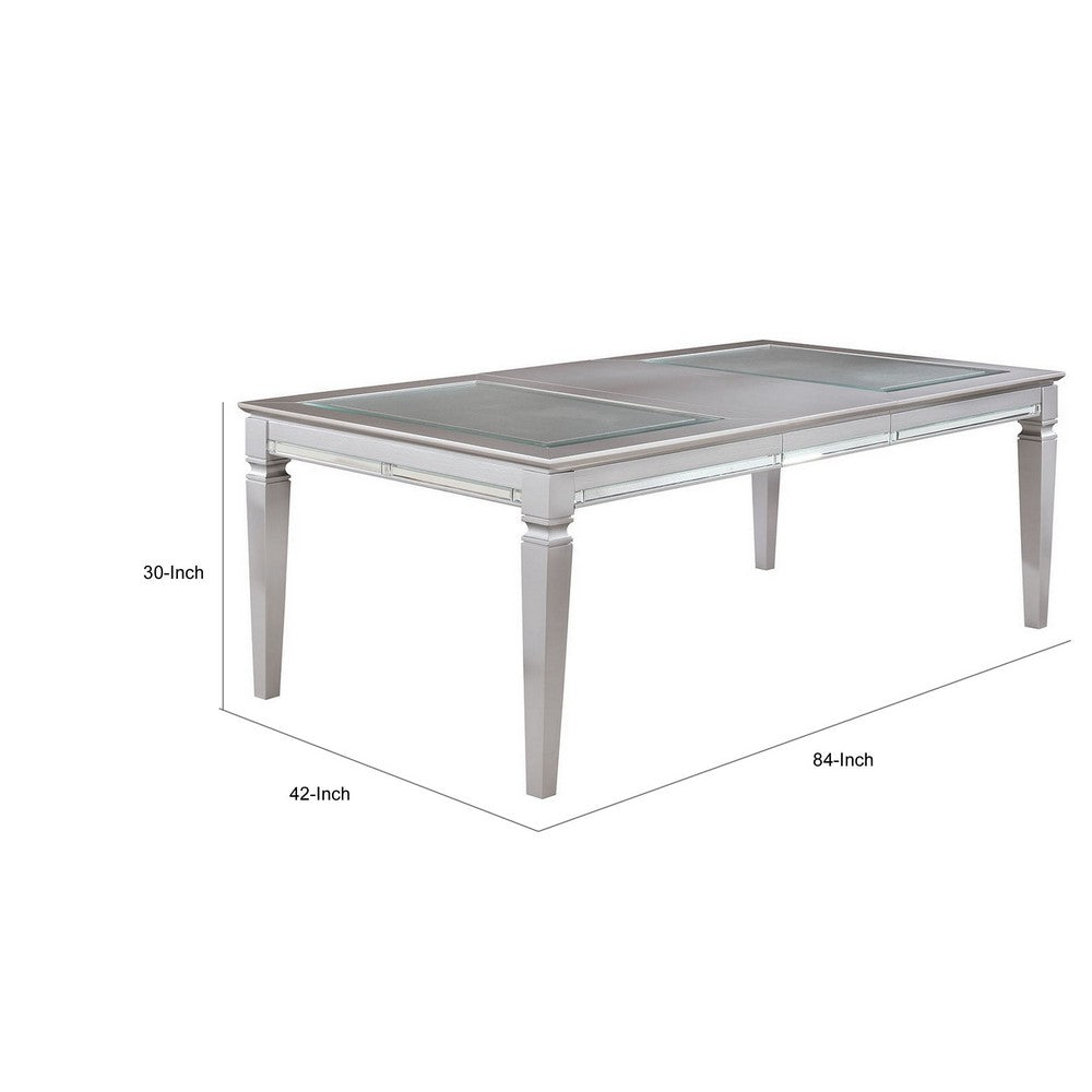 Wooden Dining Table With Beveled Mirror Insert, Silver and Clear