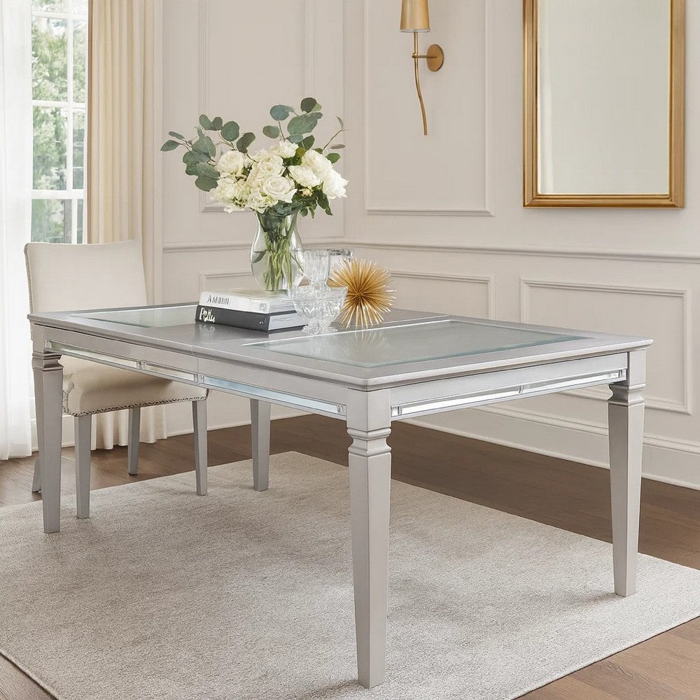 Wooden Dining Table With Beveled Mirror Insert, Silver and Clear