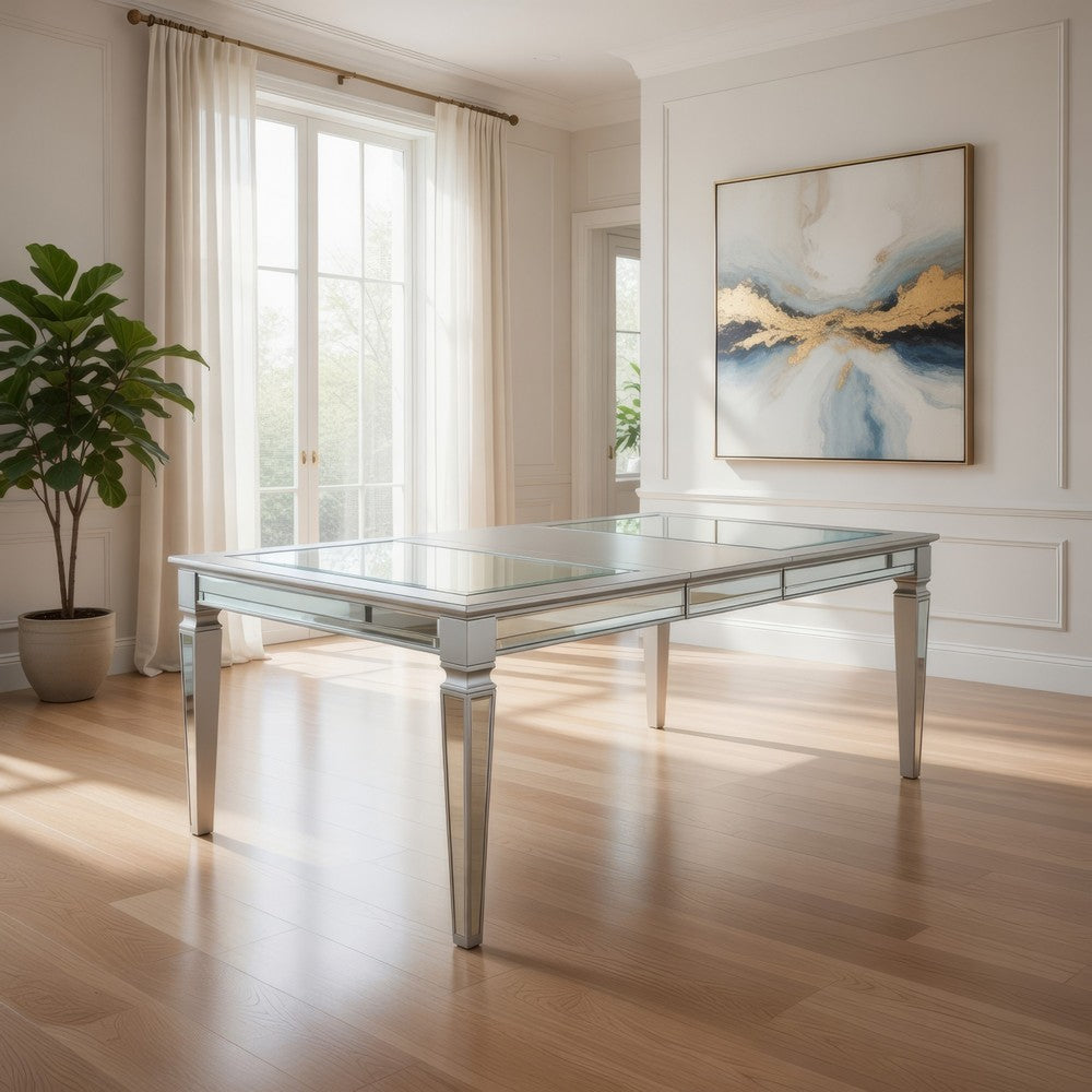 Wooden Dining Table With Beveled Mirror Insert, Silver and Clear