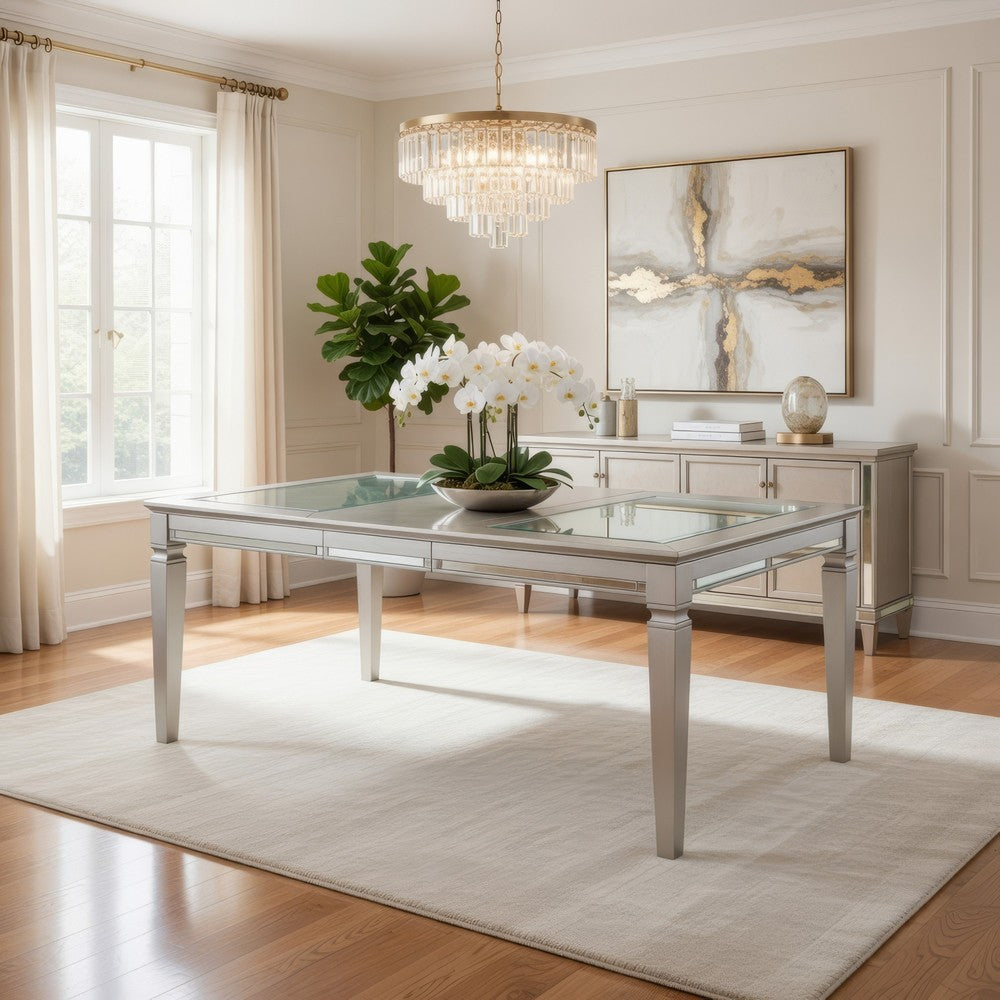 Wooden Dining Table With Beveled Mirror Insert, Silver and Clear