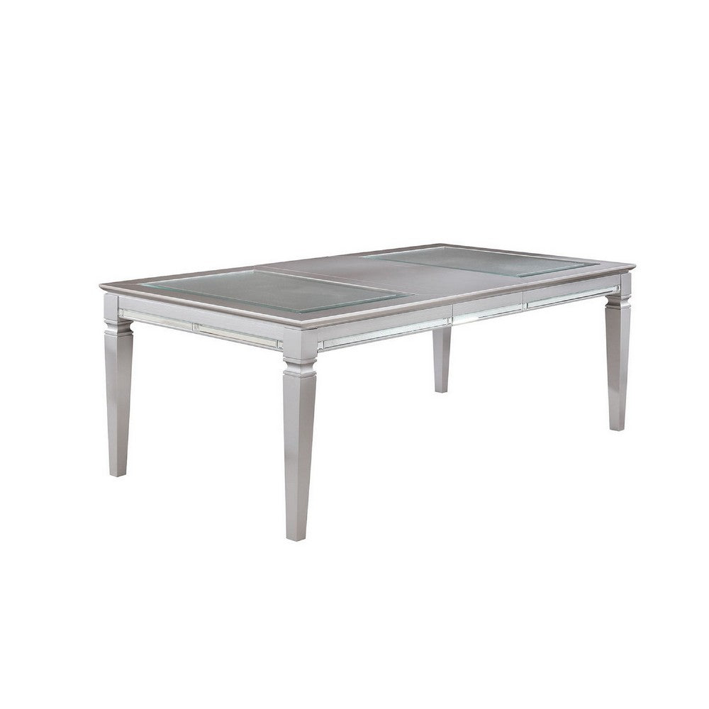 Wooden Dining Table With Beveled Mirror Insert, Silver and Clear