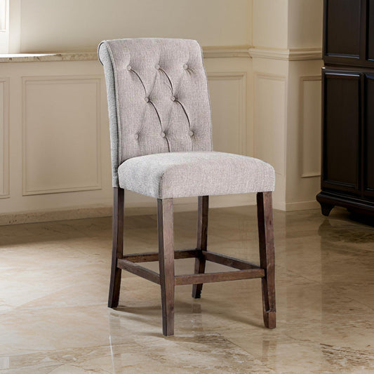 Counter Chair Set of 2 | Wood Fabric Upholstered | Cream Brown