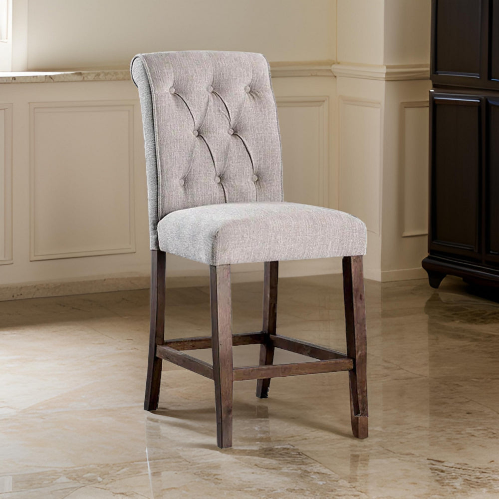 Counter Chair Set of 2 | Wood Fabric Upholstered | Cream Brown