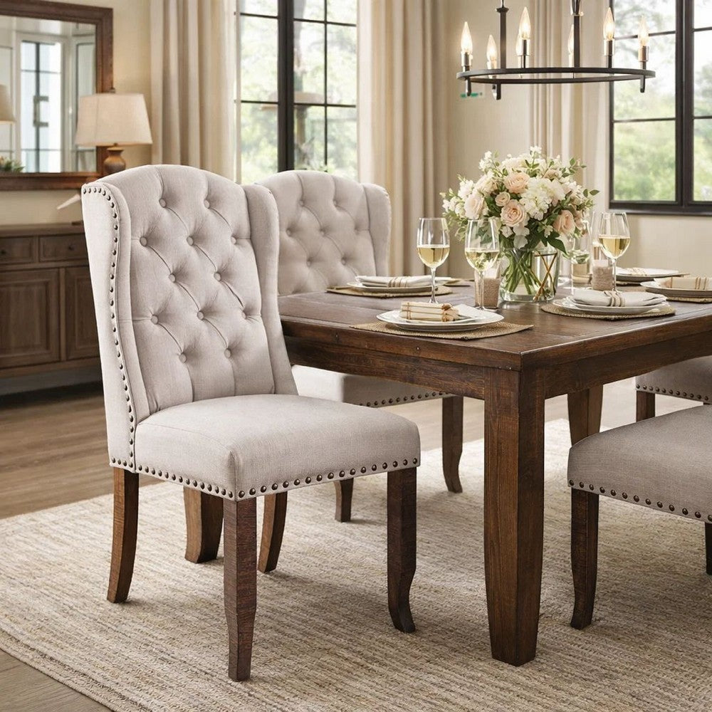 Wingback Chair Set of 2 | Button Tufted Fabric | Cream Brown