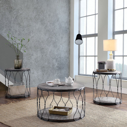 Round Industrial Style Metal and Solid Wood End Table with Open Bottom Shelf, Gray and Brown