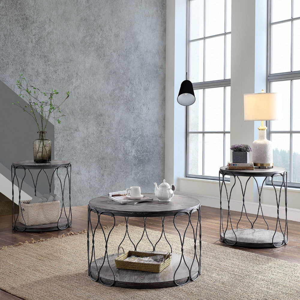 Round Industrial Style Metal and Solid Wood End Table with Open Bottom Shelf, Gray and Brown