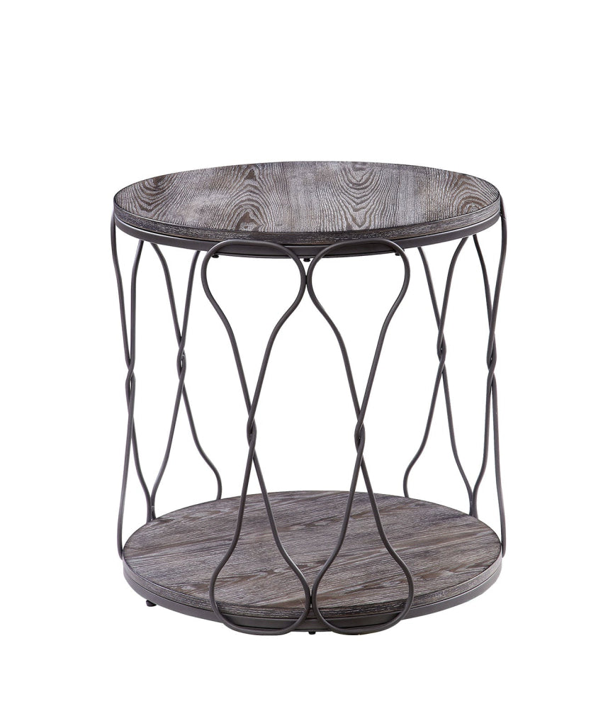 Round Industrial Style Metal and Solid Wood End Table with Open Bottom Shelf, Gray and Brown