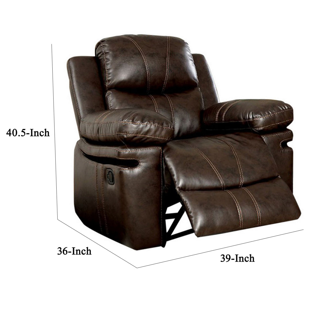 41 Inch Manual Recliner Chair Brown Bonded Leather Contrast Stitching FOA-CM6992-CH