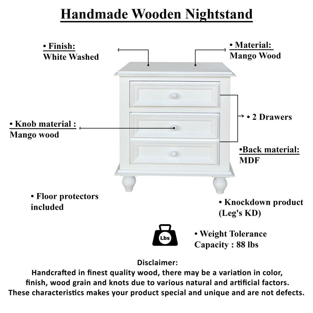 28 Inch Bedside Nightstand 2 Drawers with Classic Round Knobs Handcrafted White Mango Wood FOA-CM7155WH-N