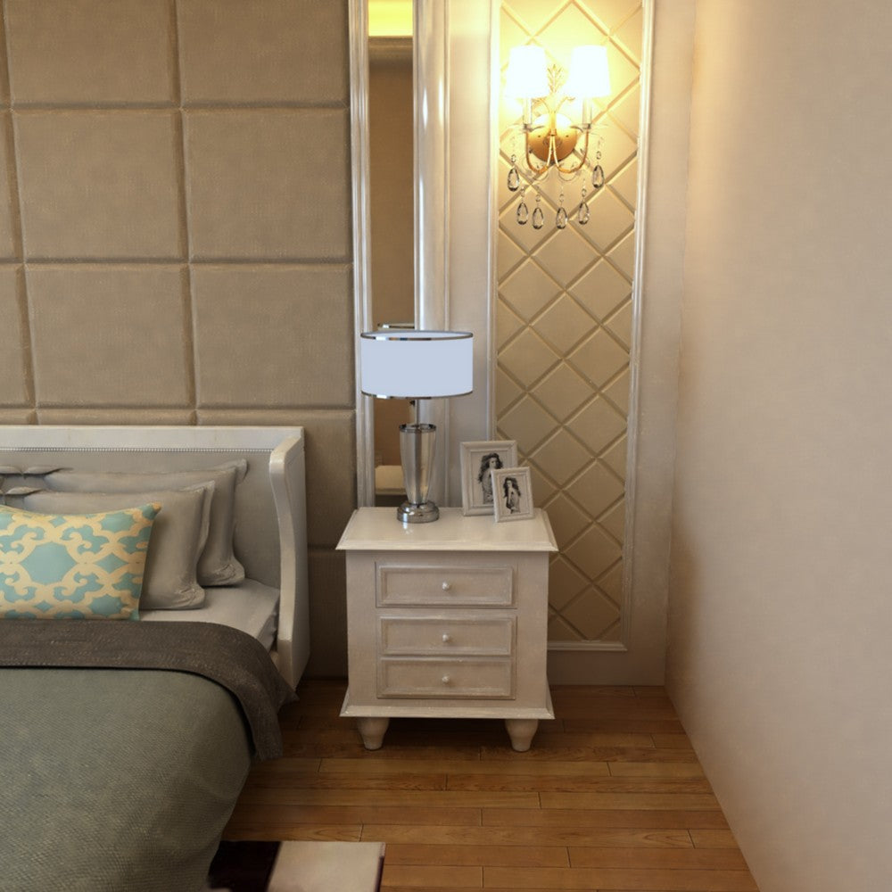 28 Inch Bedside Nightstand, 2 Drawers with Classic Round Knobs, Handcrafted White Mango Wood