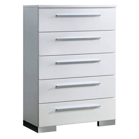 Tall Dresser Chest | 5 Drawer | Metal Bar Handles | White Silver Finish