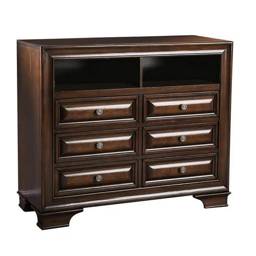 Wooden Media Chest With Six Drawer And Two Open Shelf In Cherry Brown