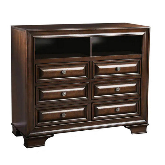 Wooden Media Chest With Six Drawer And Two Open Shelf In Cherry Brown