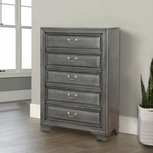 Tall Dresser Chest | 5 Drawer | Transitional Wood | Gray Finish
