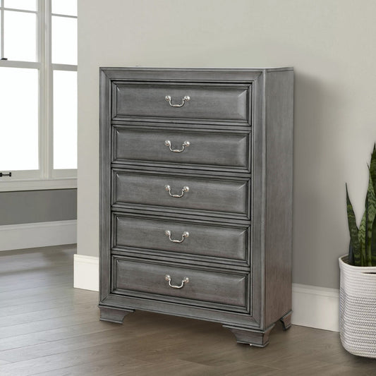 Tall Dresser Chest | 5 Drawer | Transitional Wood | Gray Finish
