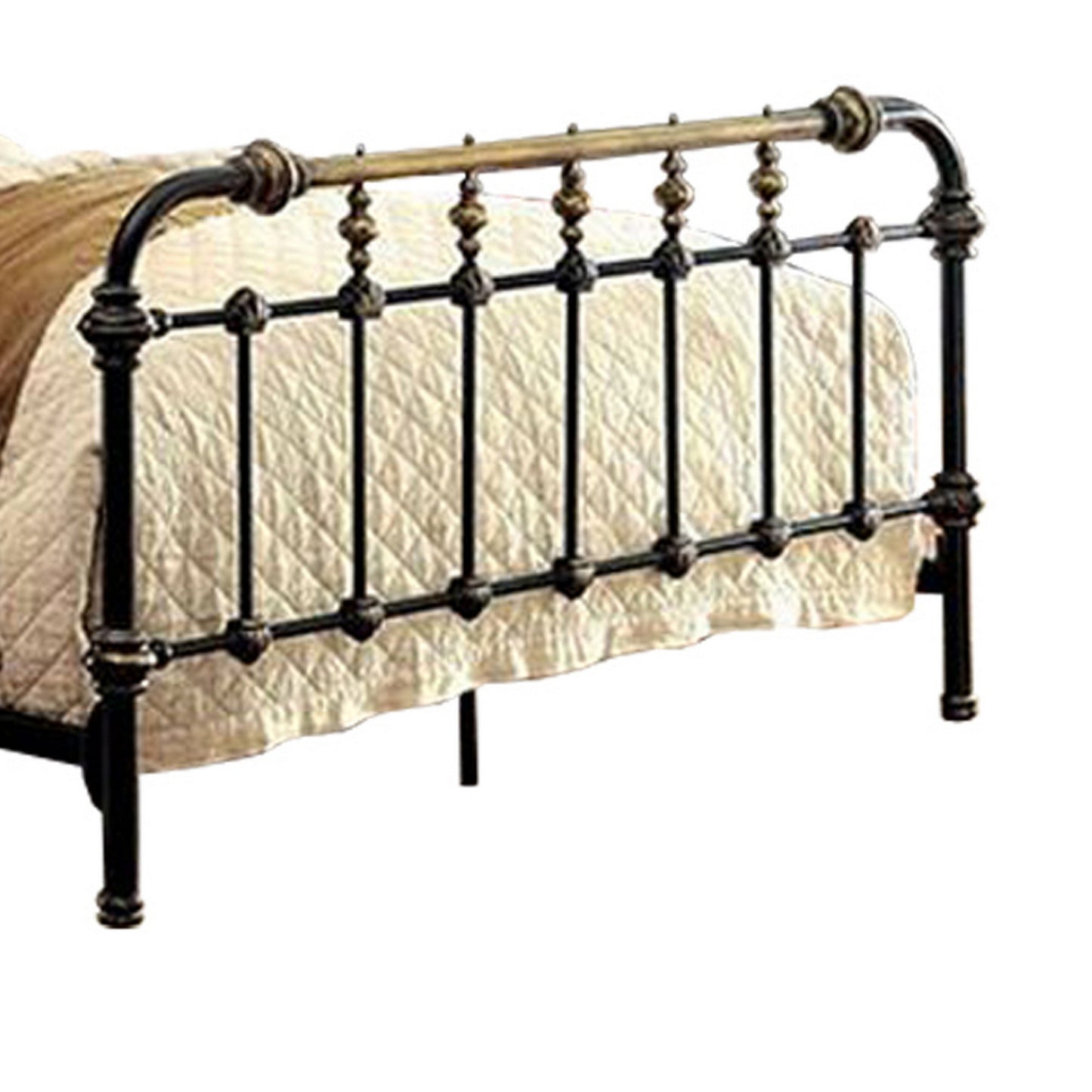 Curved Headboard Metal Full Size Bed with Spindles, Black and Gold By Casagear Home