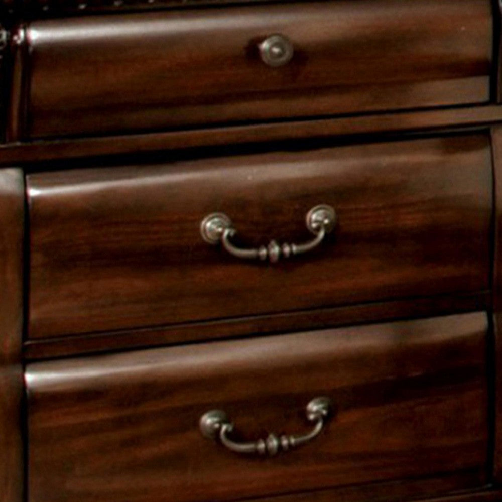 28 Inch Bedside Nightstand, 3 Drawers with Pewter Handles, Classic Dark Cherry Brown Solid Wood