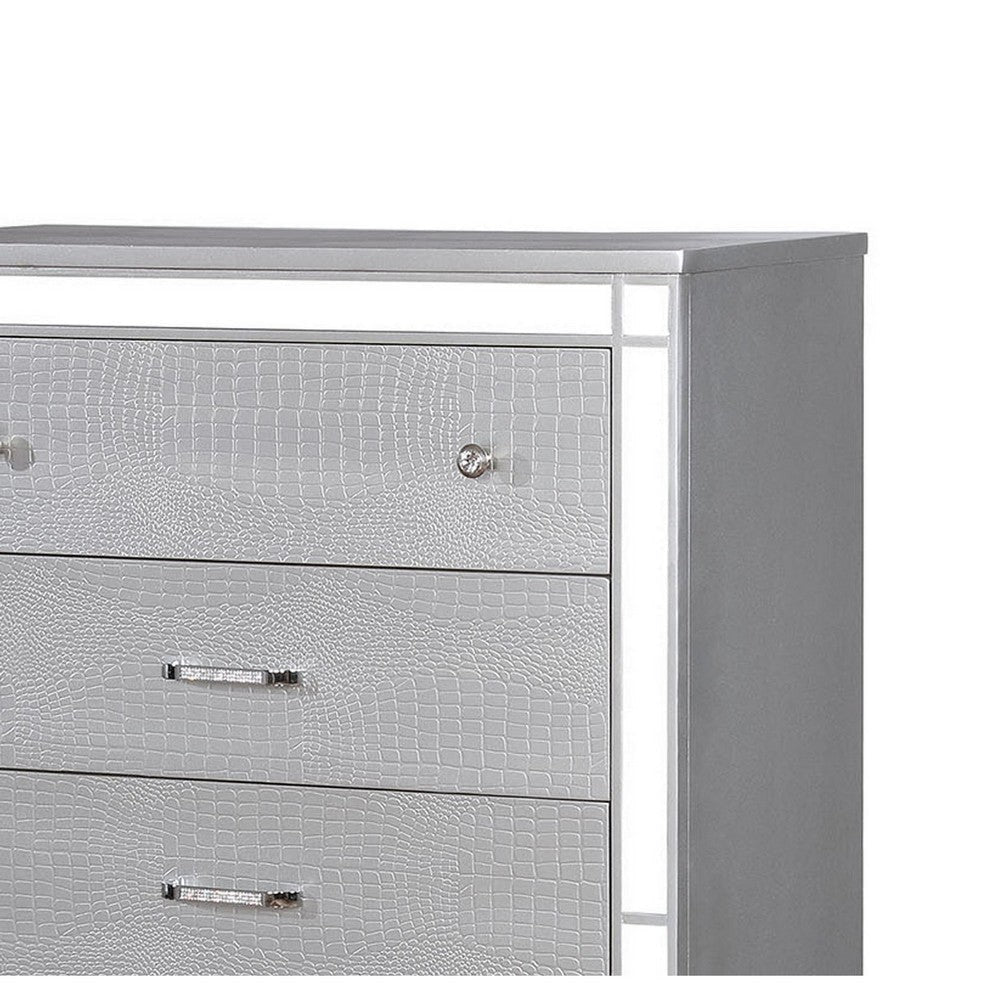 Five Drawer Solid Wood Chest with Mirror Accent Trim Front Silver FOA-CM7977SV-C