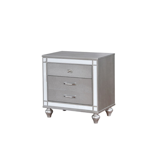 Three Drawer Solid Wood Nightstand with Mirror Accent Trim Front, Silver -CM7977SV-N By Casagear Home