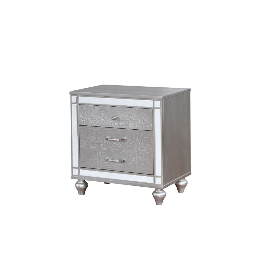 Nightstand | 3 Drawer | Mirror Trim Front | Solid Wood | Silver