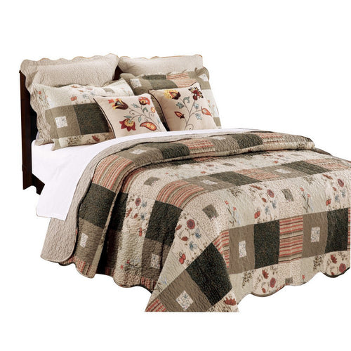 Douro 4 Piece Twin Size Quilt Set | Floral Print | Scalloped Edges | Brown