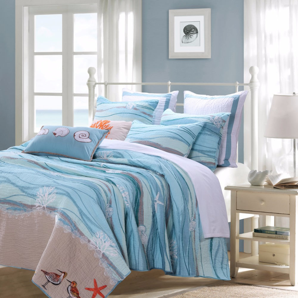 Maritsa 5 Piece King Size Quilt Set | Coastal Prints | Blue