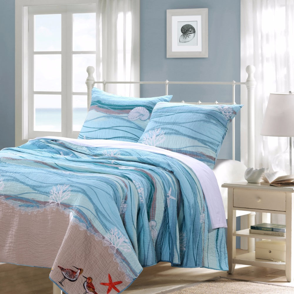 Maritsa 3 Piece Queen Size Quilt Set | Coastal Prints | Blue